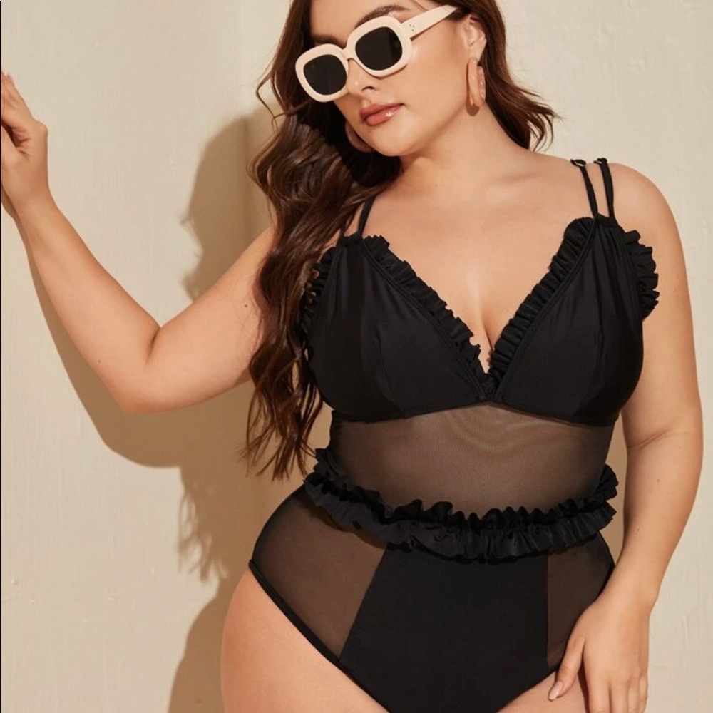 Ruffle One Piece Swimsuit in Black Mesh Patchwork - Picture 2 of 7